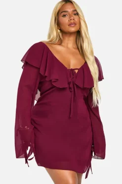 Mini Dresses|Long Sleeve Dresses*boohoo Plus Woven Ruffle Shift Dress burgundy