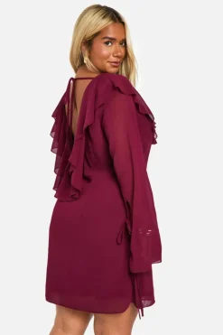 Mini Dresses|Long Sleeve Dresses*boohoo Plus Woven Ruffle Shift Dress burgundy