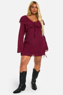 Mini Dresses|Long Sleeve Dresses*boohoo Plus Woven Ruffle Shift Dress burgundy