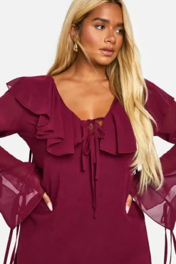 Mini Dresses|Long Sleeve Dresses*boohoo Plus Woven Ruffle Shift Dress burgundy