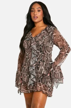 Mini Dresses|Long Sleeve Dresses*boohoo Plus Woven Ruffle Print Shift Dress snake