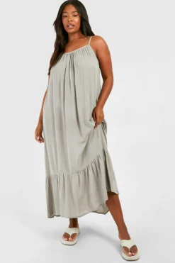 Smock Dresses*boohoo Plus Woven Strappy Tiered Hem Midaxi Dress stone