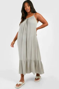 Smock Dresses*boohoo Plus Woven Strappy Tiered Hem Midaxi Dress stone