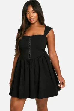 Skater Dresses|Mini Dresses*boohoo Plus Woven Stretch Corset Detail Short Sleeve Floaty Mini Dress black