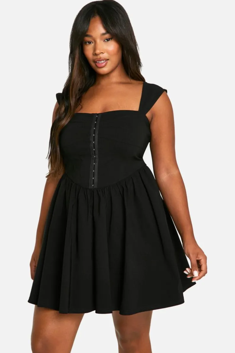 Skater Dresses|Mini Dresses*boohoo Plus Woven Stretch Corset Detail Short Sleeve Floaty Mini Dress black
