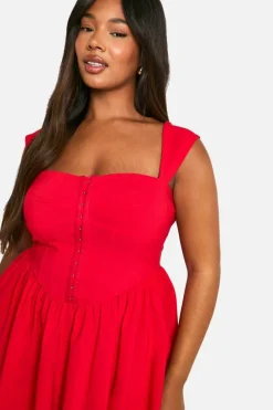 Skater Dresses|Mini Dresses*boohoo Plus Woven Stretch Corset Detail Short Sleeve Floaty Mini Dress red