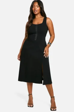 Skater Dresses|Midi Dresses*boohoo Plus Woven Stretch Corset Detail Floaty Midi Dress black