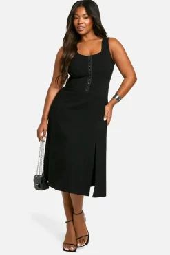 Skater Dresses|Midi Dresses*boohoo Plus Woven Stretch Corset Detail Floaty Midi Dress black