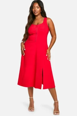 Midi Dresses*boohoo Plus Woven Stretch Corset Detail Floaty Midi Dress red