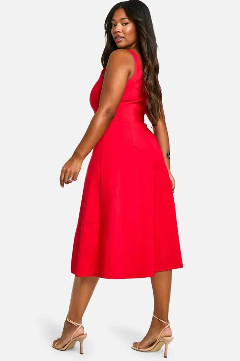 Midi Dresses*boohoo Plus Woven Stretch Corset Detail Floaty Midi Dress red