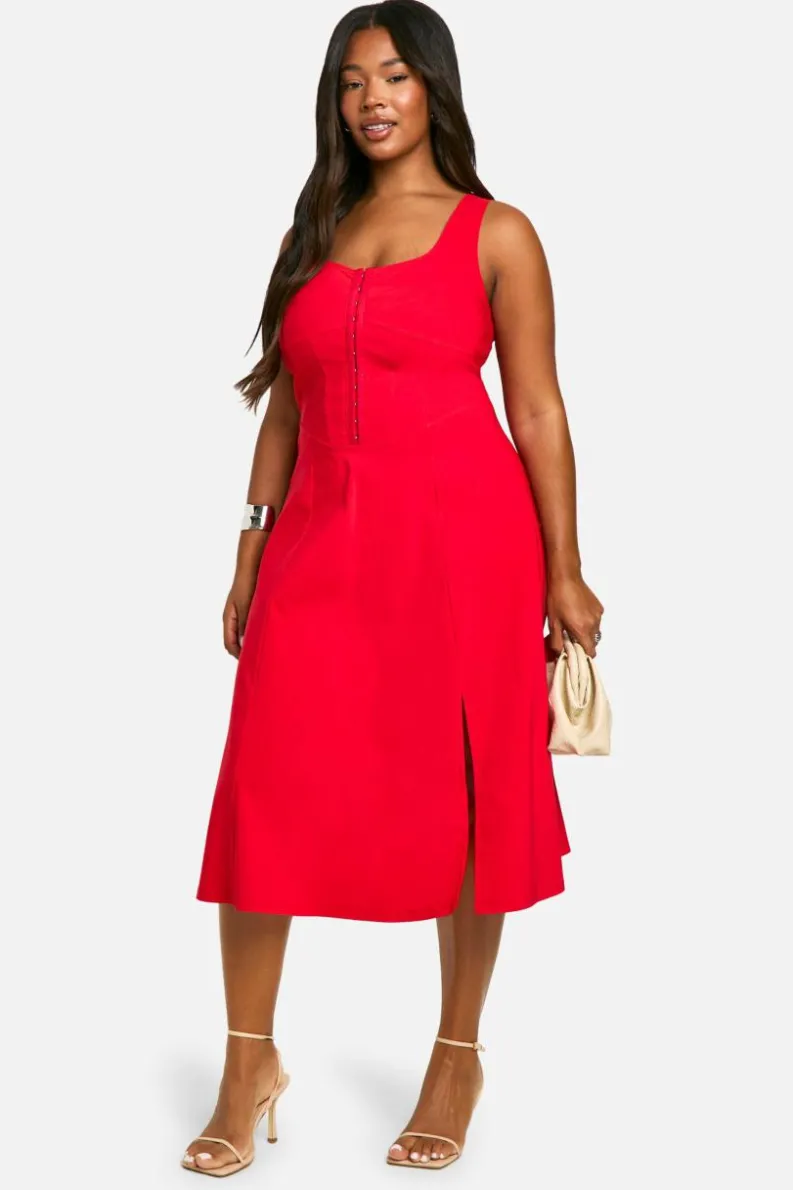 Midi Dresses*boohoo Plus Woven Stretch Corset Detail Floaty Midi Dress red
