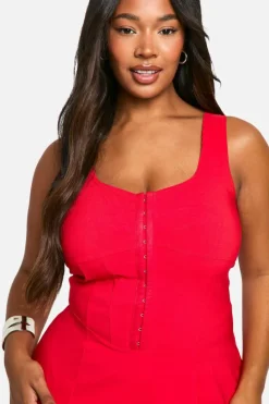 Midi Dresses*boohoo Plus Woven Stretch Corset Detail Floaty Midi Dress red