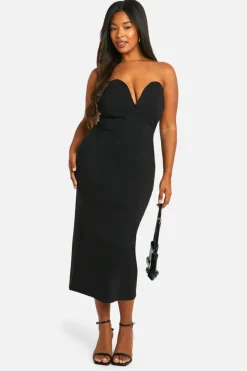 Skater Dresses*boohoo Plus Woven Stretch Deep Plunge Column Midaxi Dress black