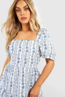 Smock Dresses*boohoo Plus Woven Stripe Floral Smock Dress blue