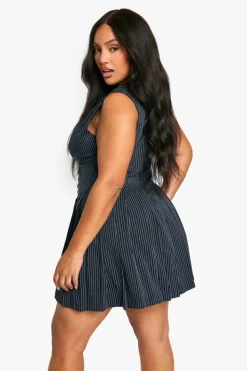 Skater Dresses*boohoo Plus Woven Stripe Plunge Pleated Dress navy