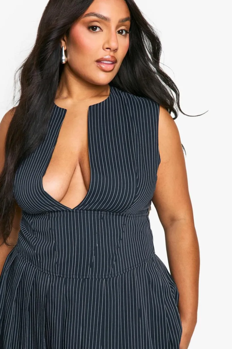 Skater Dresses*boohoo Plus Woven Stripe Plunge Pleated Dress navy