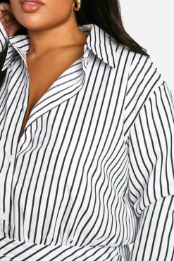 Shirt Dresses*boohoo Plus Woven Stripe Ruched Shirt Dress white
