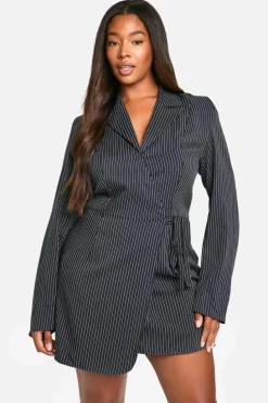 Wrap Dresses*boohoo Plus Woven Stripe Tailored Wrap Dress navy