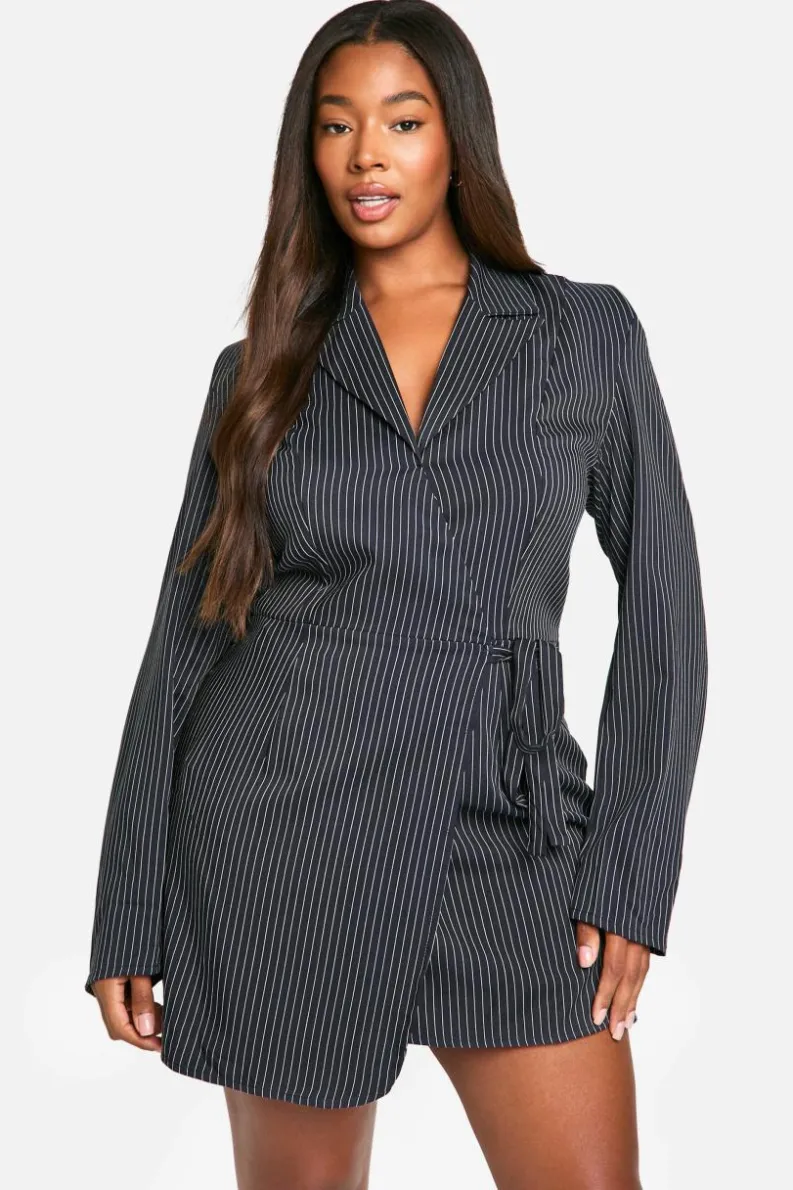 Wrap Dresses*boohoo Plus Woven Stripe Tailored Wrap Dress navy