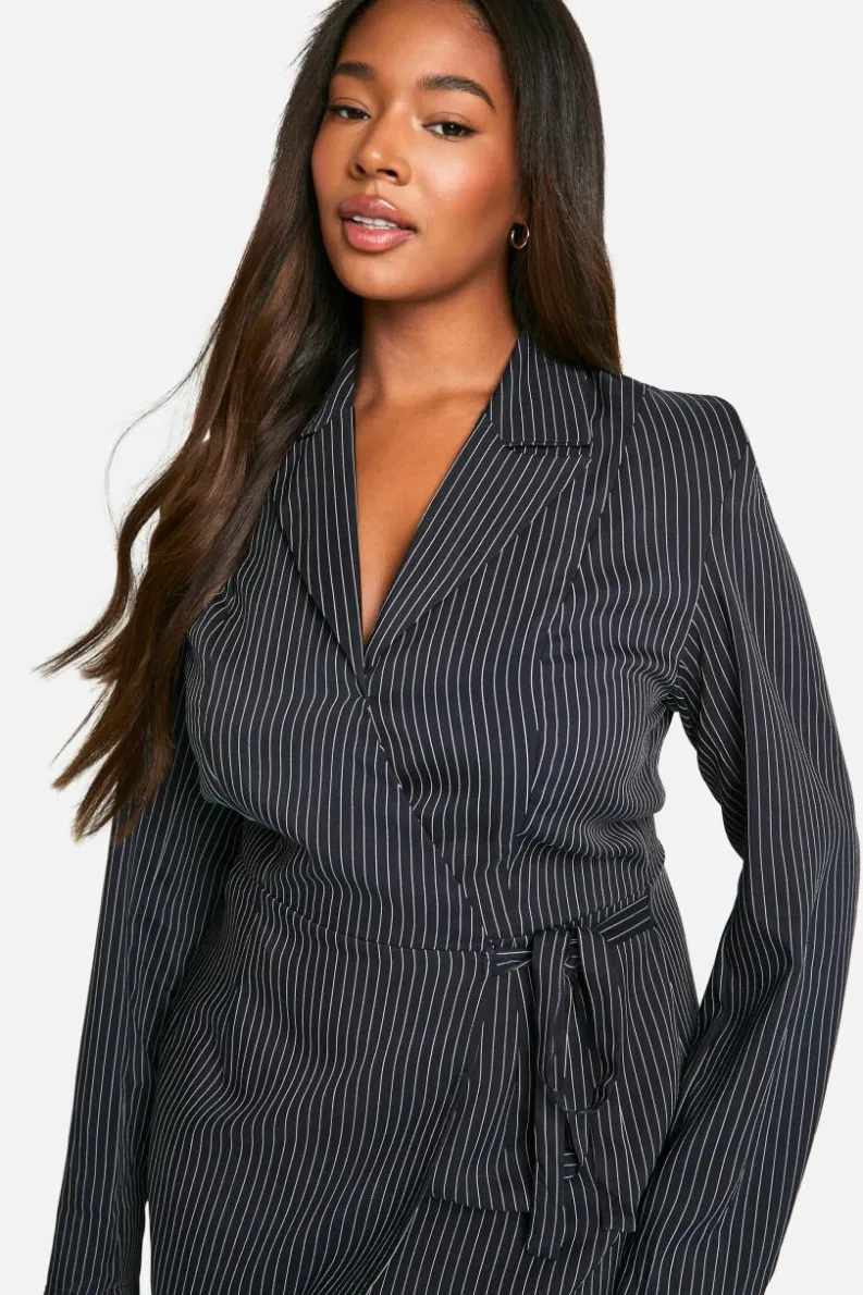Wrap Dresses*boohoo Plus Woven Stripe Tailored Wrap Dress navy