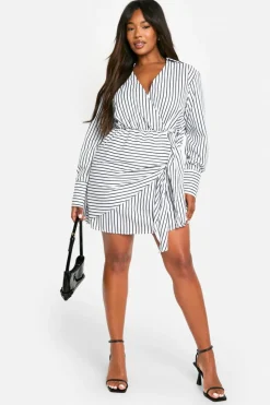 Shirt Dresses|Wrap Dresses*boohoo Plus Woven Stripe Wrap Shirt Dress white