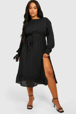 Smock Dresses*boohoo Plus Woven Tie Belt Midaxi Dress black
