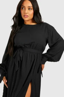 Smock Dresses*boohoo Plus Woven Tie Belt Midaxi Dress black