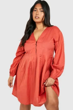 Smock Dresses*boohoo Plus Woven V Neck Smock Dress rust
