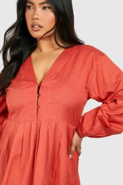 Smock Dresses*boohoo Plus Woven V Neck Smock Dress rust