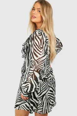Skater Dresses*boohoo Plus Woven Zebra Print Ruffle Detail Long Sleeve Mini Dress mono
