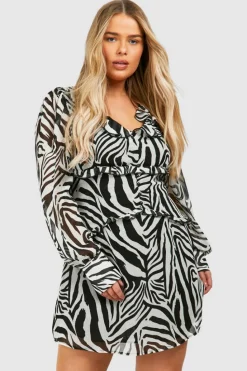 Skater Dresses*boohoo Plus Woven Zebra Print Ruffle Detail Long Sleeve Mini Dress mono
