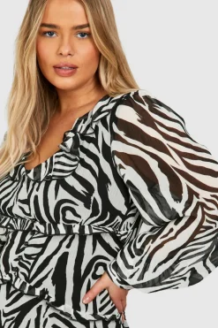 Skater Dresses*boohoo Plus Woven Zebra Print Ruffle Detail Long Sleeve Mini Dress mono