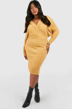 Jumper Dresses|Jumper Dresses*boohoo Plus Wrap Knitted Midi Dress camel