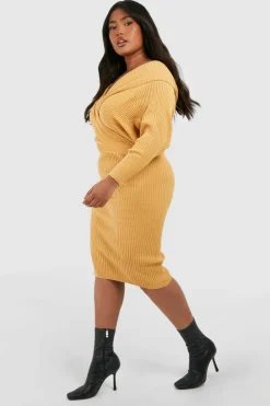 Jumper Dresses|Jumper Dresses*boohoo Plus Wrap Knitted Midi Dress camel