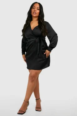 Wrap Dresses|Mini Dresses*boohoo Plus Wrap Satin Dress black