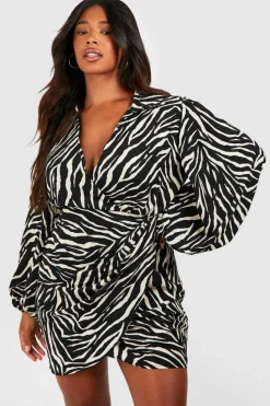 Wrap Dresses|Mini Dresses*boohoo Plus Zebra Print Blouson Sleeve Wrap Dress black
