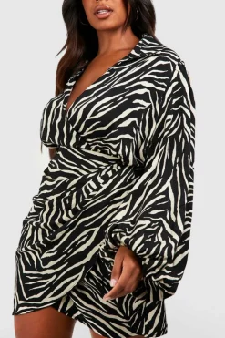 Wrap Dresses|Mini Dresses*boohoo Plus Zebra Print Blouson Sleeve Wrap Dress black