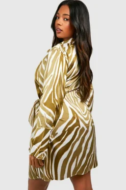 Shirt Dresses|Wrap Dresses*boohoo Plus Zebra Print Wrap Shirt Dress khaki