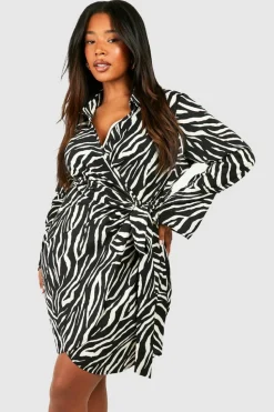 Shirt Dresses|Wrap Dresses*boohoo Plus Zebra Print Wrap Shirt Dress black