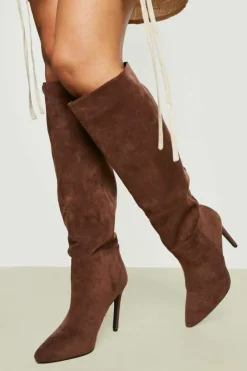 Over The Knee Boots|Knee High Boots*boohoo Pointed Knee High Stiletto Heeled Boots chocolate