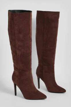 Over The Knee Boots|Knee High Boots*boohoo Pointed Knee High Stiletto Heeled Boots chocolate