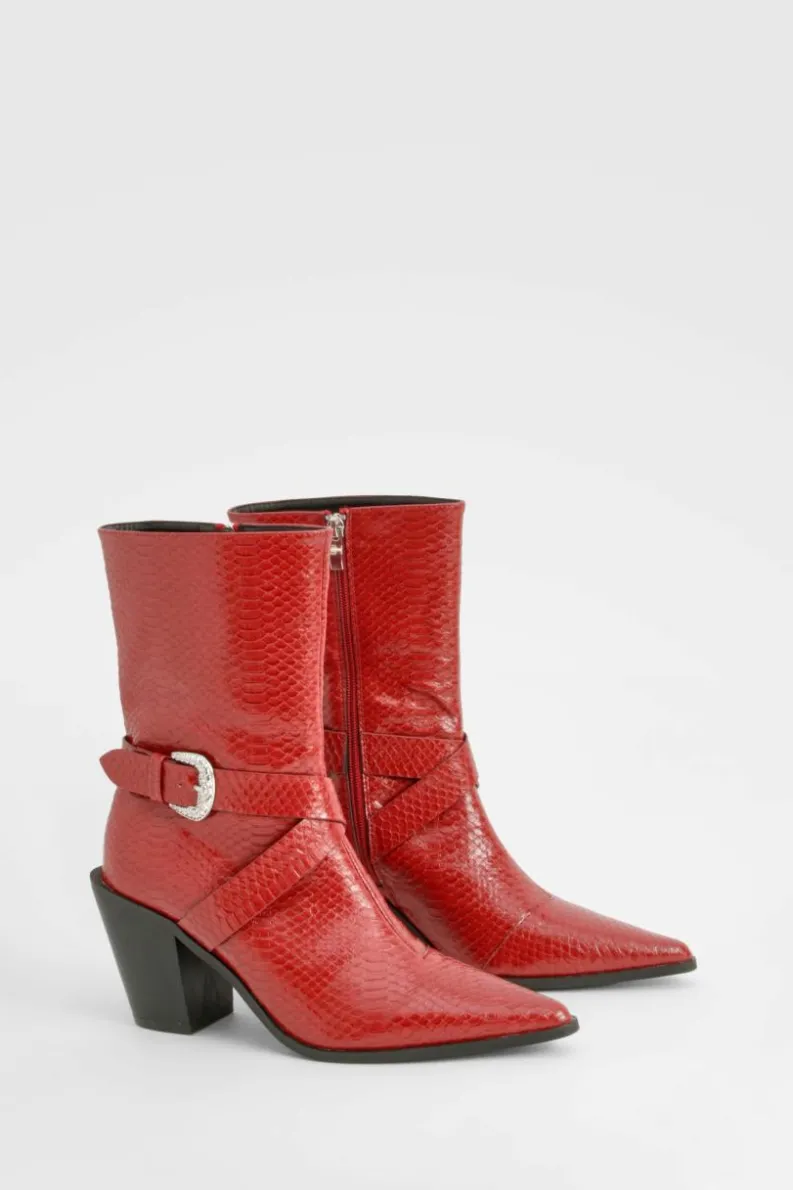 Cowboy Boots|All Boots*boohoo Pointed Snakeskin Buckle Detail Western Boots red