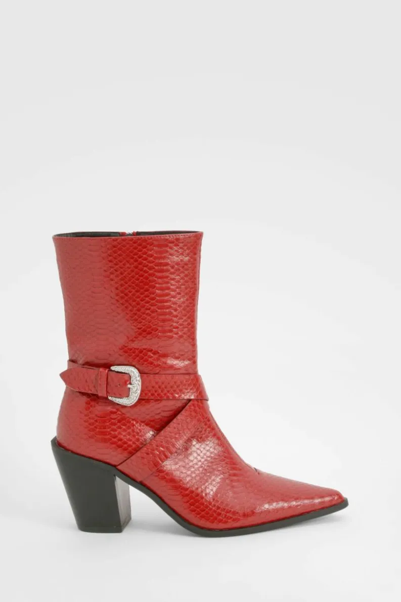 Cowboy Boots|All Boots*boohoo Pointed Snakeskin Buckle Detail Western Boots red