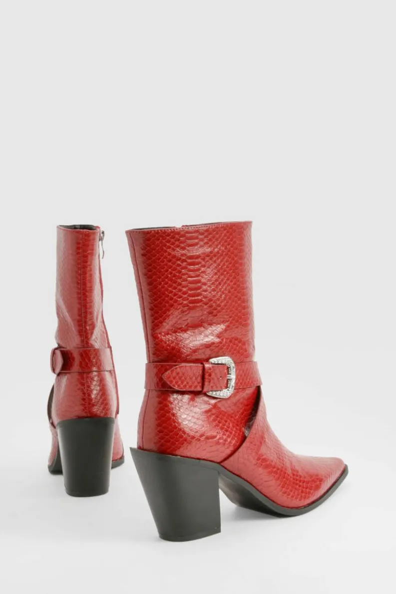 Cowboy Boots|All Boots*boohoo Pointed Snakeskin Buckle Detail Western Boots red