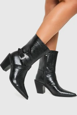 Cowboy Boots|All Boots*boohoo Pointed Snakeskin Buckle Detail Western Boots black