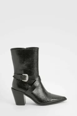 Cowboy Boots|All Boots*boohoo Pointed Snakeskin Buckle Detail Western Boots black