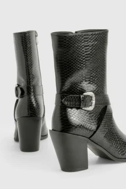 Cowboy Boots|All Boots*boohoo Pointed Snakeskin Buckle Detail Western Boots black