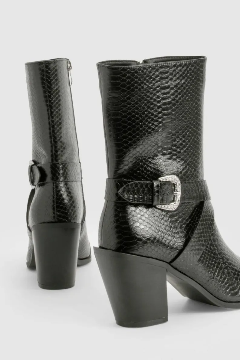 Cowboy Boots|All Boots*boohoo Pointed Snakeskin Buckle Detail Western Boots black