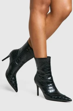 Heeled Boots|All Boots*boohoo Pointed Toe Croc Detail Heeled Ankle Boot black