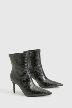 Heeled Boots|All Boots*boohoo Pointed Toe Croc Detail Heeled Ankle Boot black